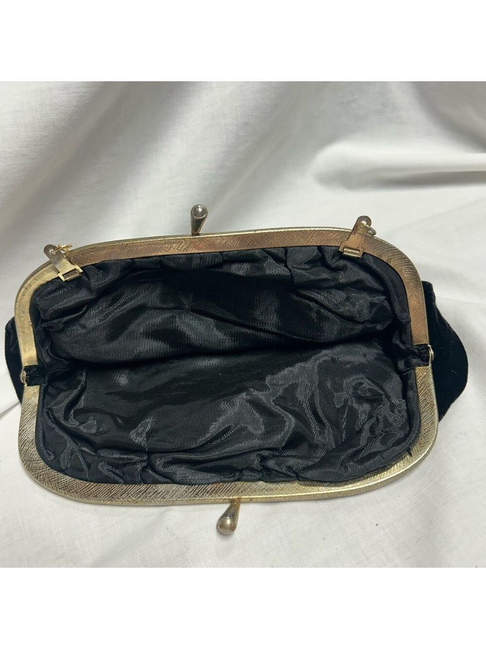 Vintage Black Velvet Purse Gold Color Strap 1960s Evening Bag - Picture 5 of 10